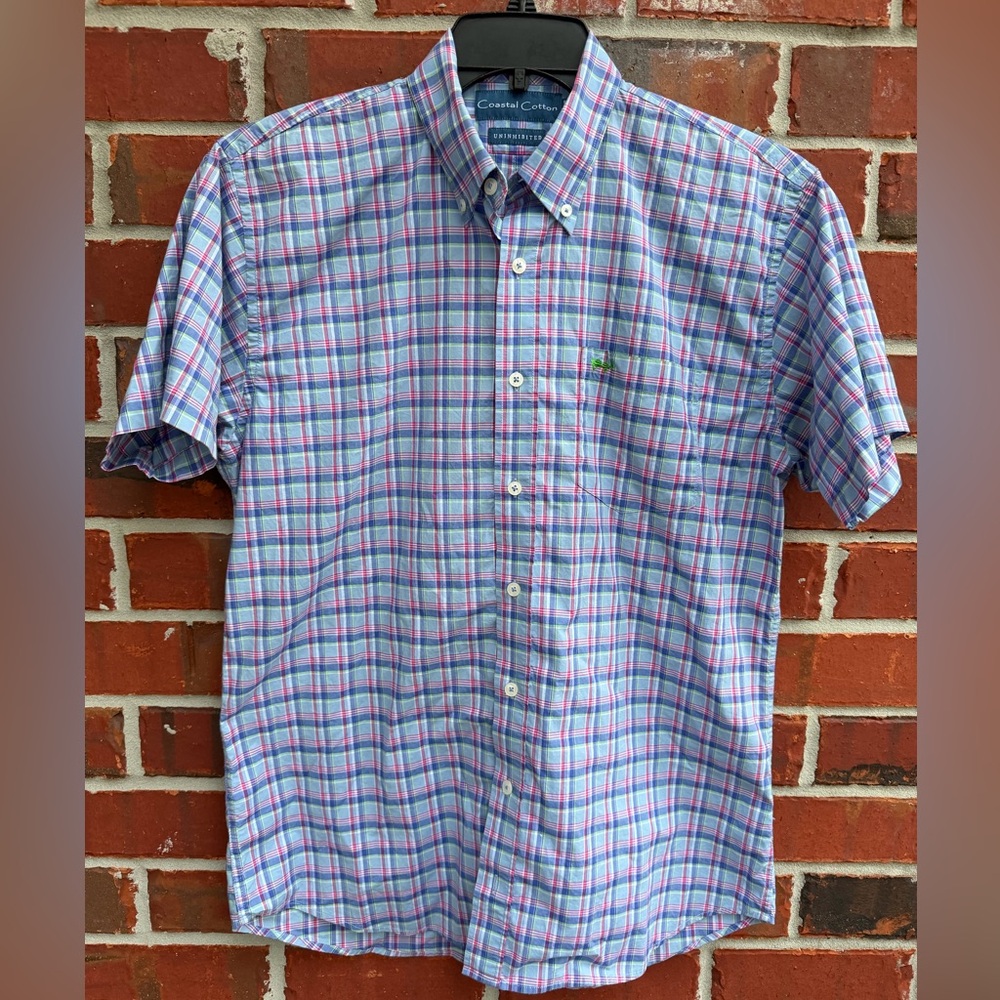 Coastal Cotton Men’s Blue & Pink Plaid Woven M Short Sleeve Button Down Shirt M8